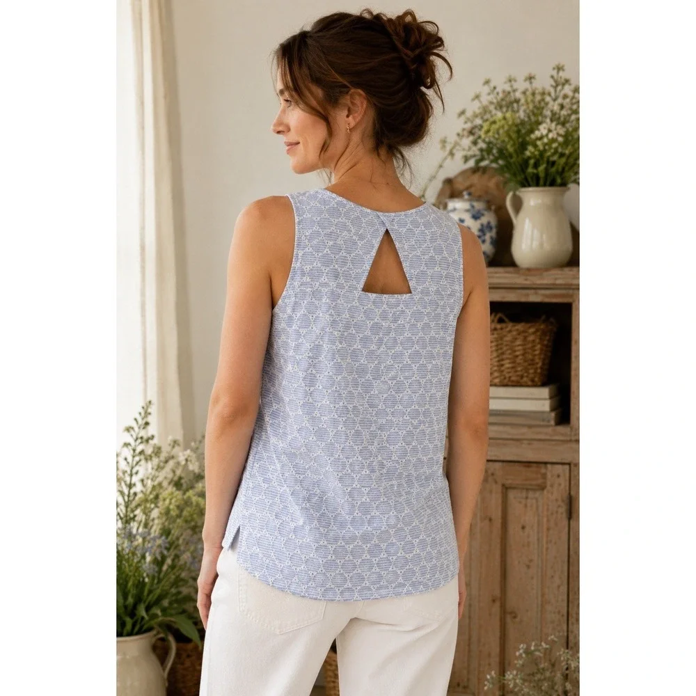 Talbots Medium Blue White Embroidered Stripe Sleeveless Tank Top Keyhole Cotton - Picture 2 of 10